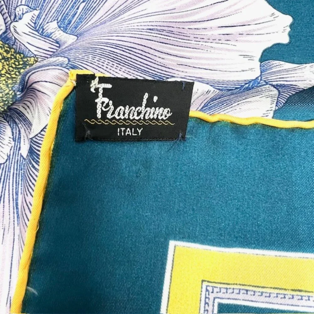 Unused Italy Scarf Franchino Silk Teal Blue Gold Purple Floral 31" x31" (23 - Picture 10 of 10